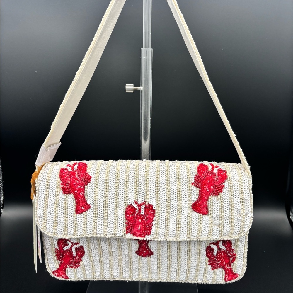 🦞Red Lobster Beaded Shoulder Bag - Red, White and Beige - Made in India🦞